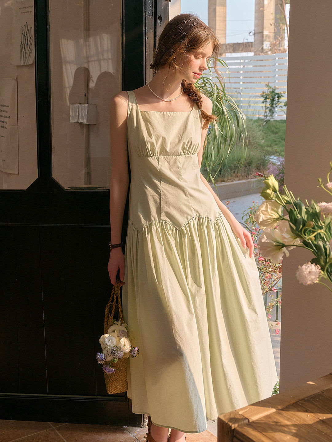 Final SaleJemma Square Neck Patchwork Dress - Green, M