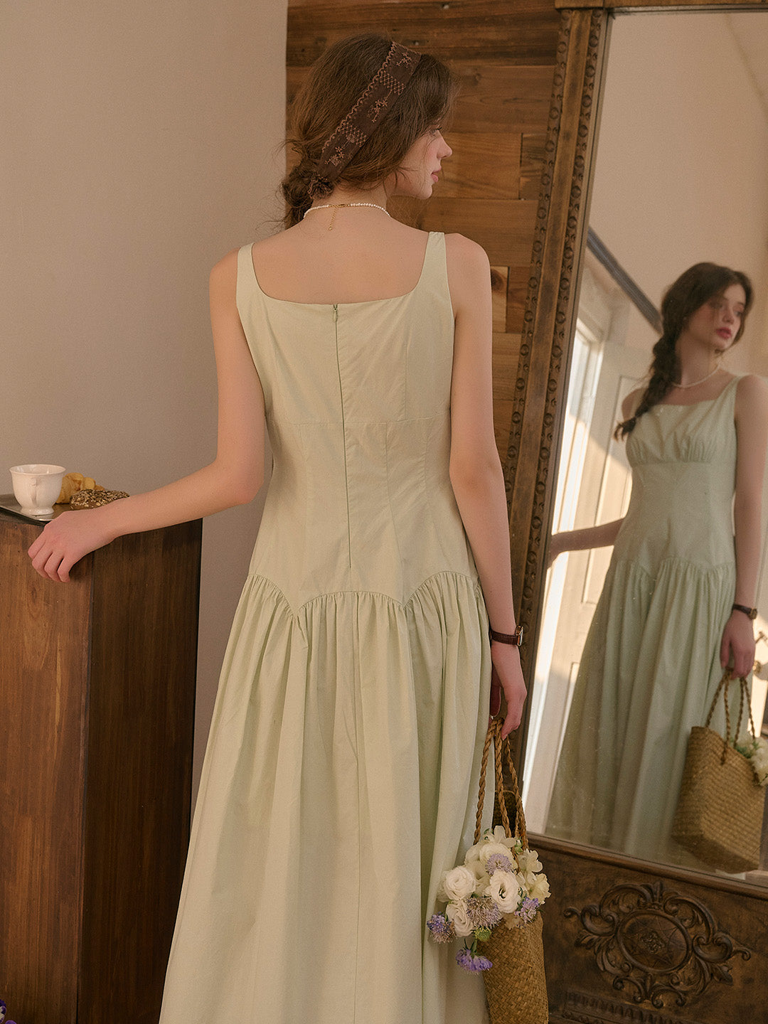 【Final Sale】Jemma Square Neck Patchwork Dress - Green