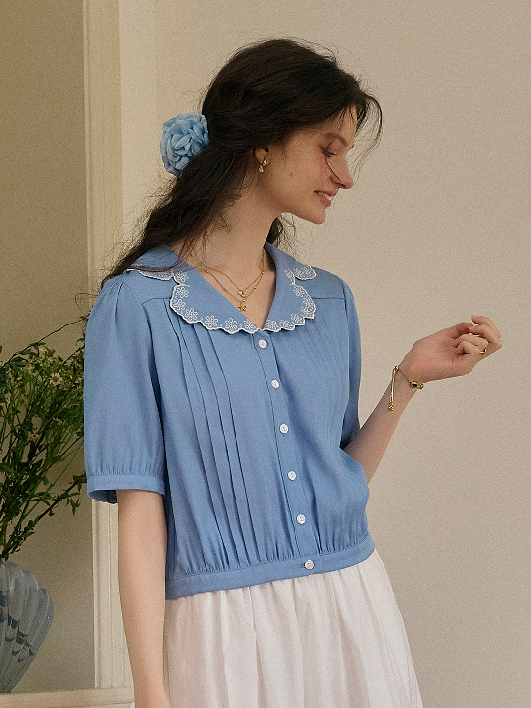 Miriam V-Neck Lace Tuck Pleats Blouse