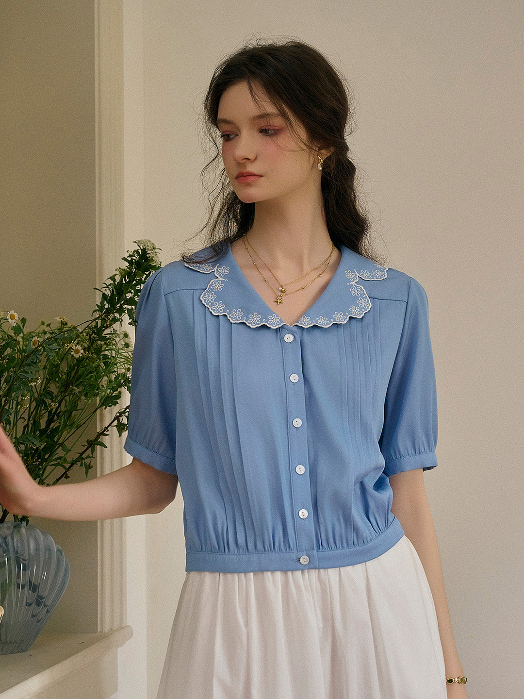 Miriam V-Neck Lace Tuck Pleats Blouse