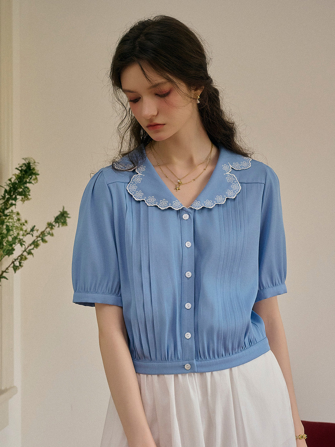 Miriam V-Neck Lace Tuck Pleats Blouse