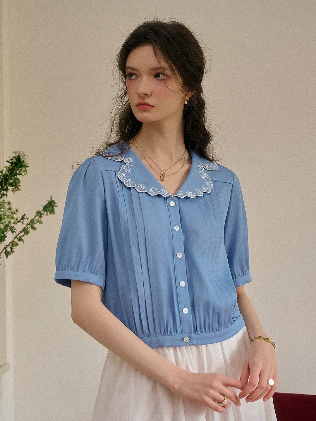 Miriam V-Neck Lace Tuck Pleats Blouse
