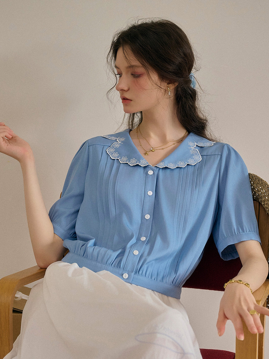 Miriam V-Neck Lace Tuck Pleats Blouse