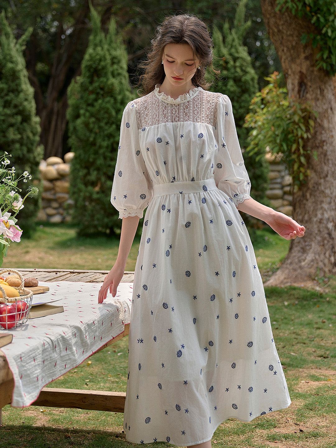 【Final Sale】Lennox Ruffle Neck 100% Cotton Dress - Blue