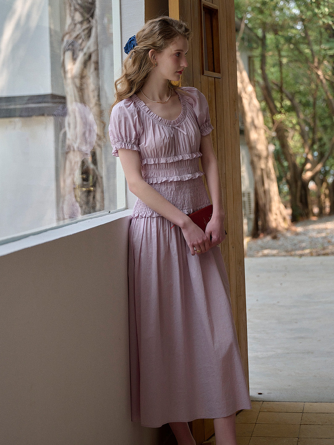 Elowen Round Neck Pleated 100% Cotton Dress