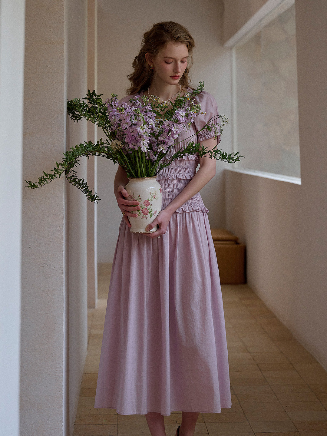 Elowen Round Neck Pleated 100% Cotton Dress