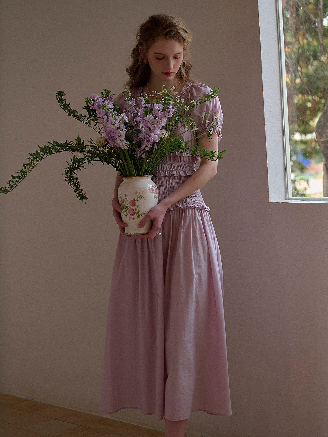 Elowen Round Neck Pleated 100% Cotton Dress