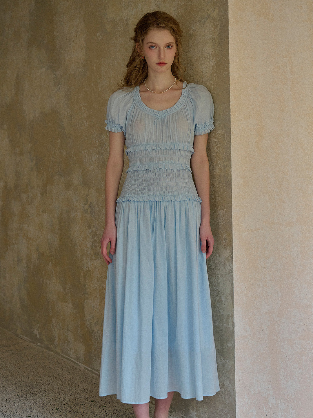 Elowen Round Neck Pleated 100% Cotton Dress