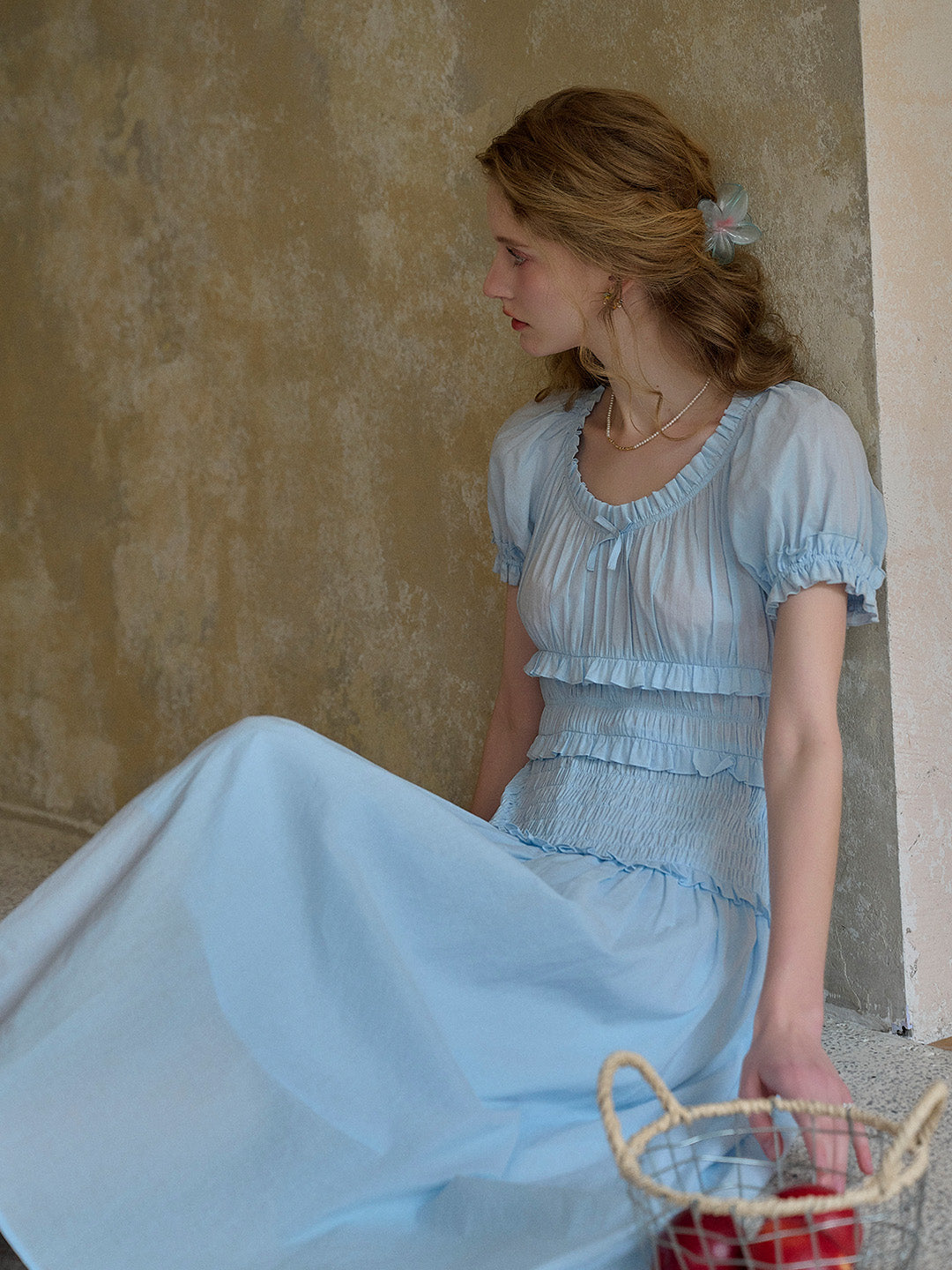 Elowen Round Neck Pleated 100% Cotton Dress