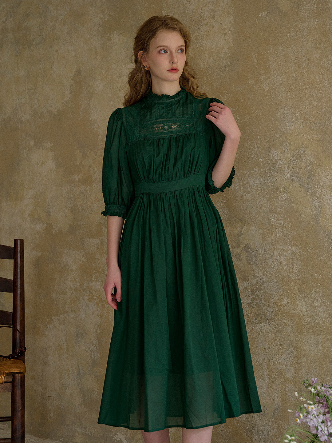Averie Lace Panel Emerald Green Cotton Dress