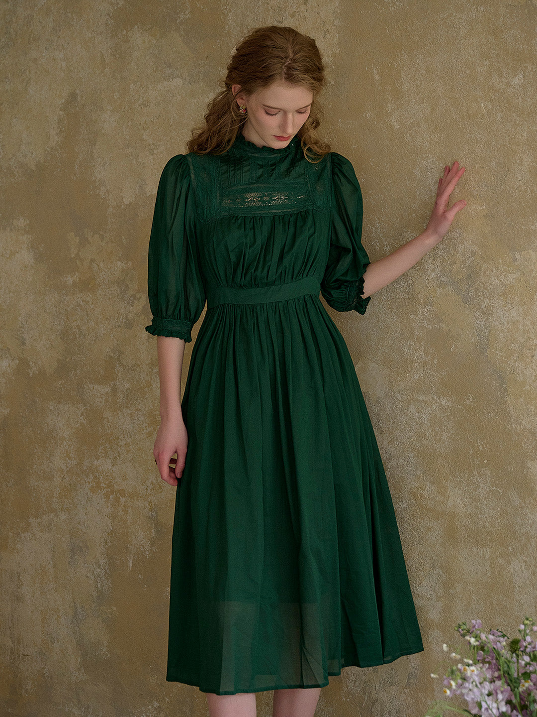 Averie Lace Panel Emerald Green Cotton Dress
