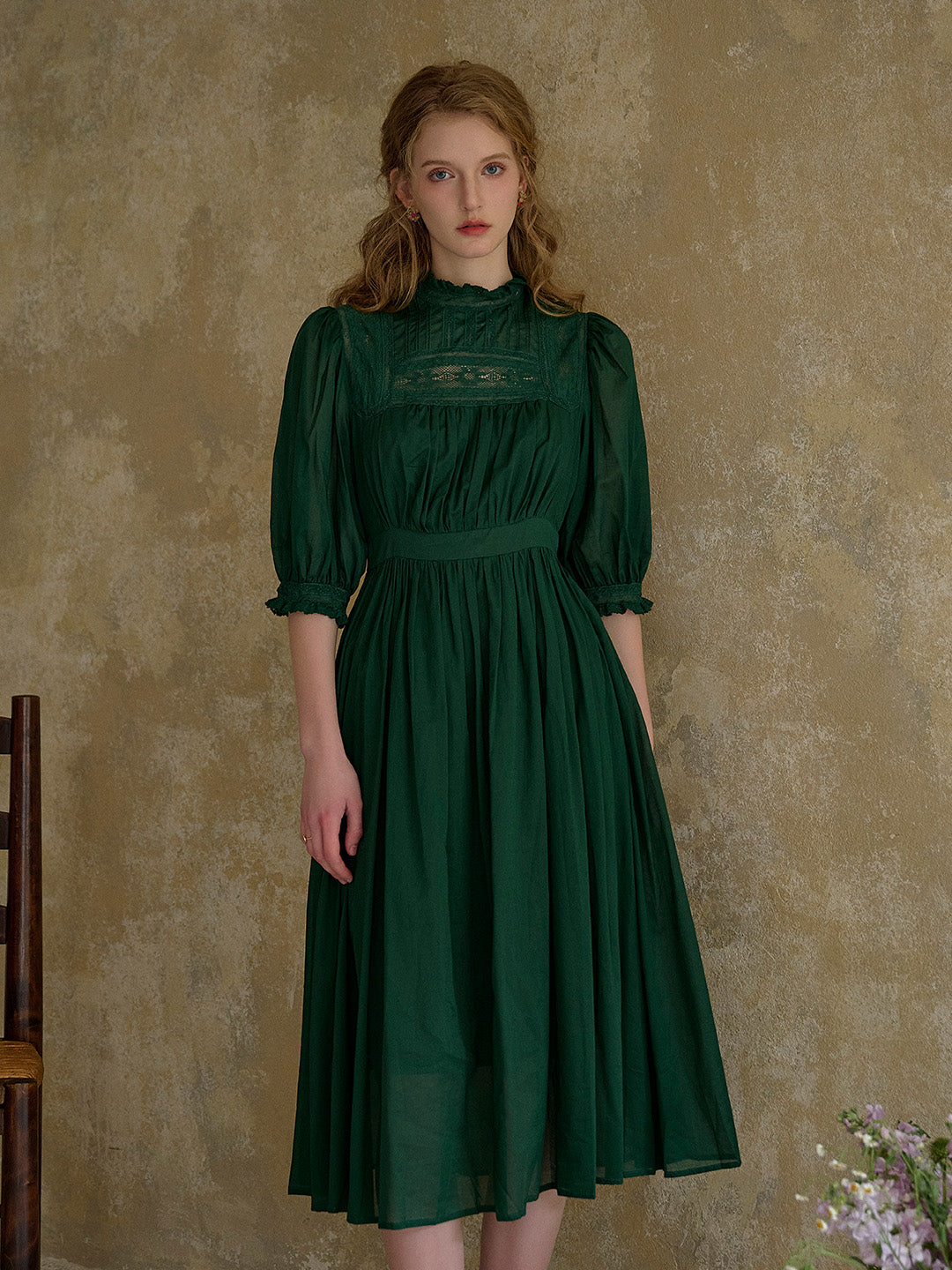 Averie Lace Panel Emerald Green Cotton Dress