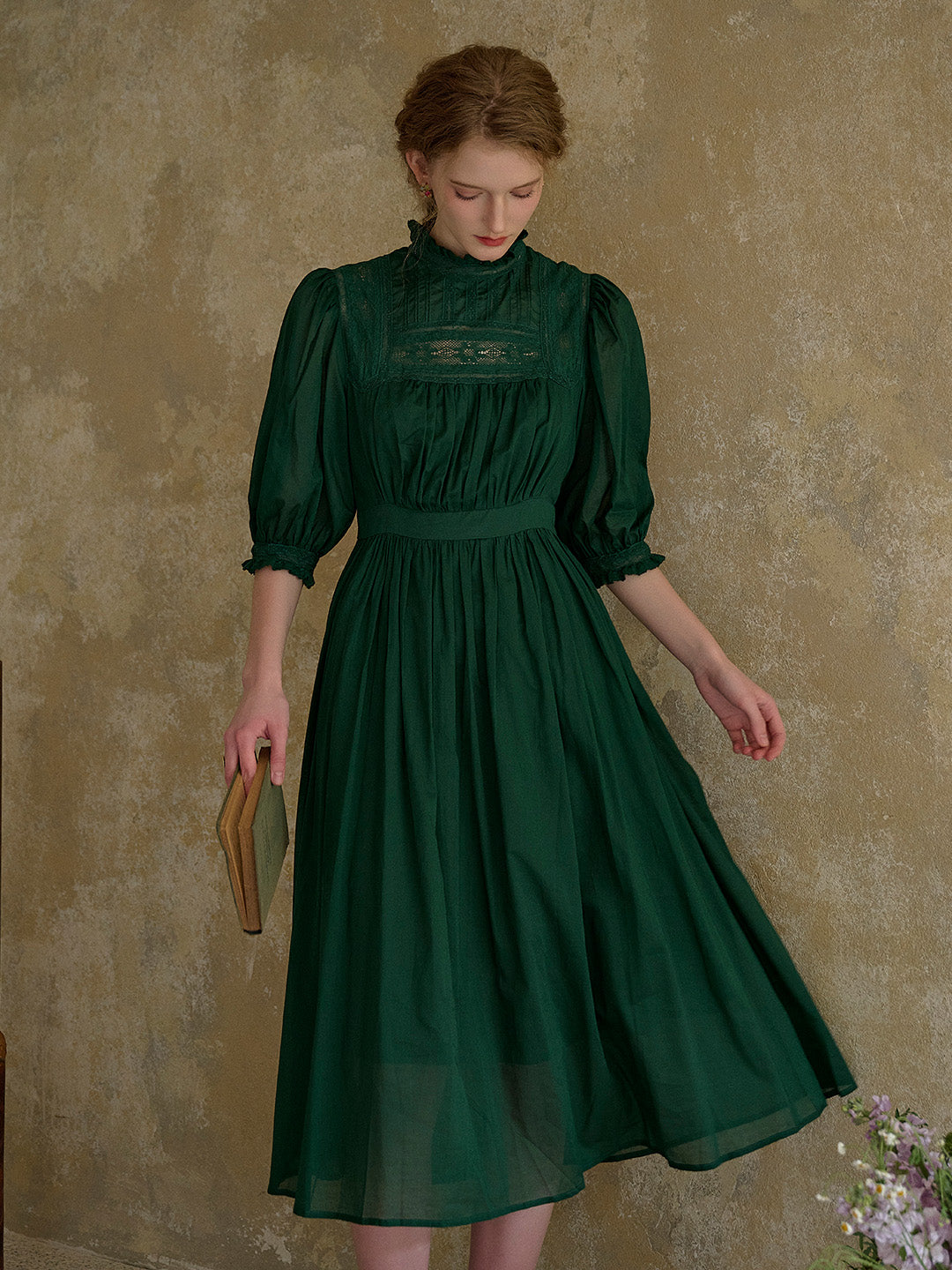 Averie Lace Panel Emerald Green Cotton Dress