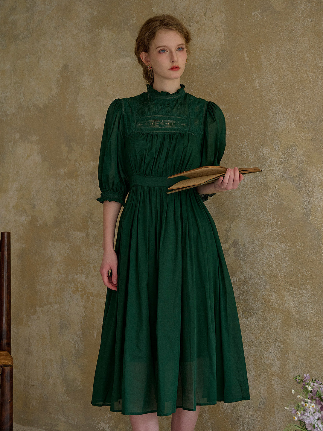 Averie Lace Panel Emerald Green Cotton Dress Averie Lace Panel Emerald Green Cotton Dress
