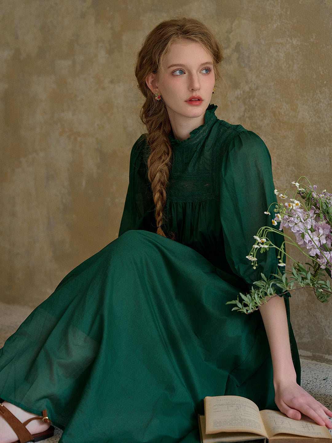 Averie Lace Panel Emerald Green Cotton Dress