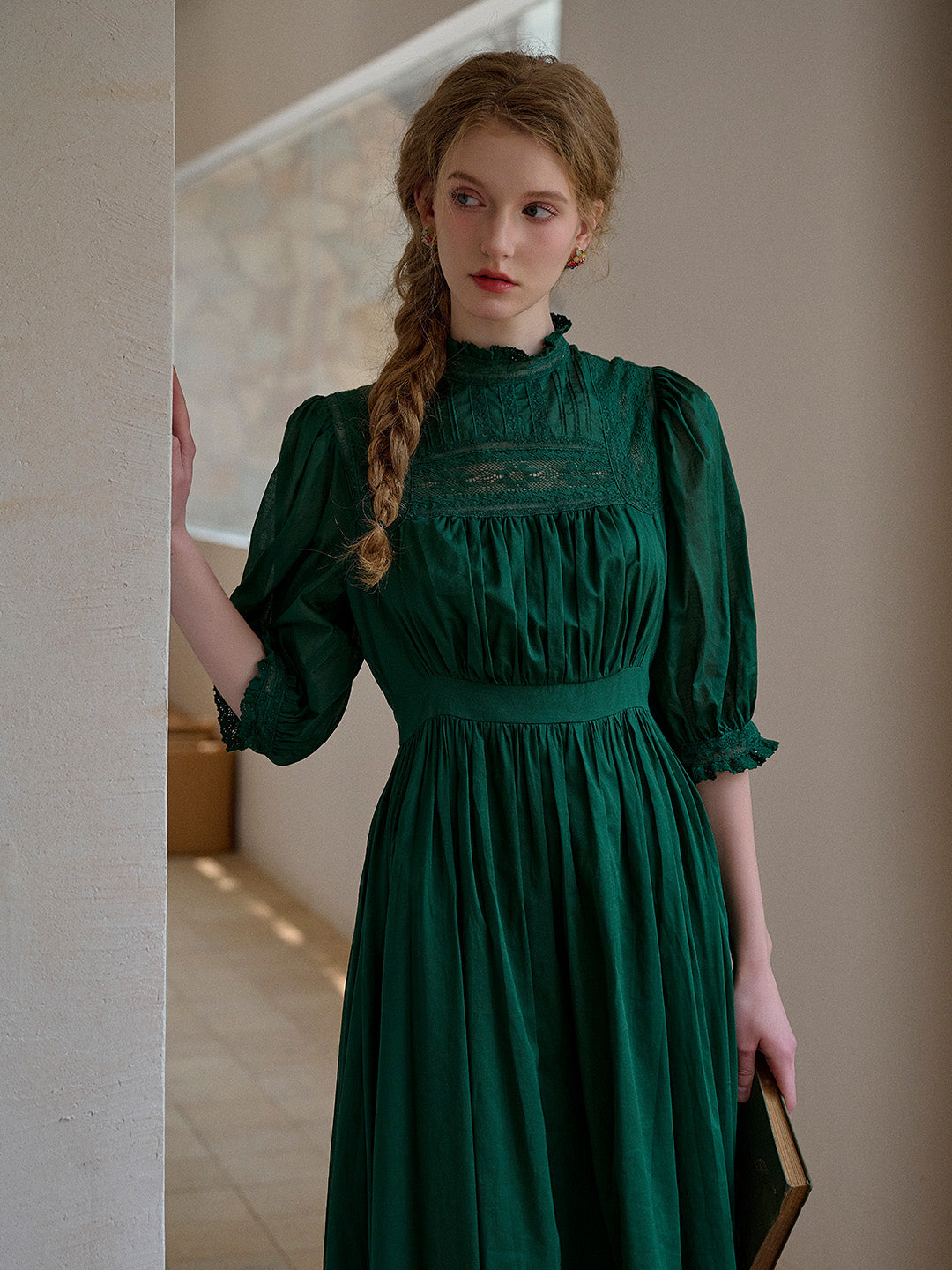 Averie Lace Panel Emerald Green Cotton Dress