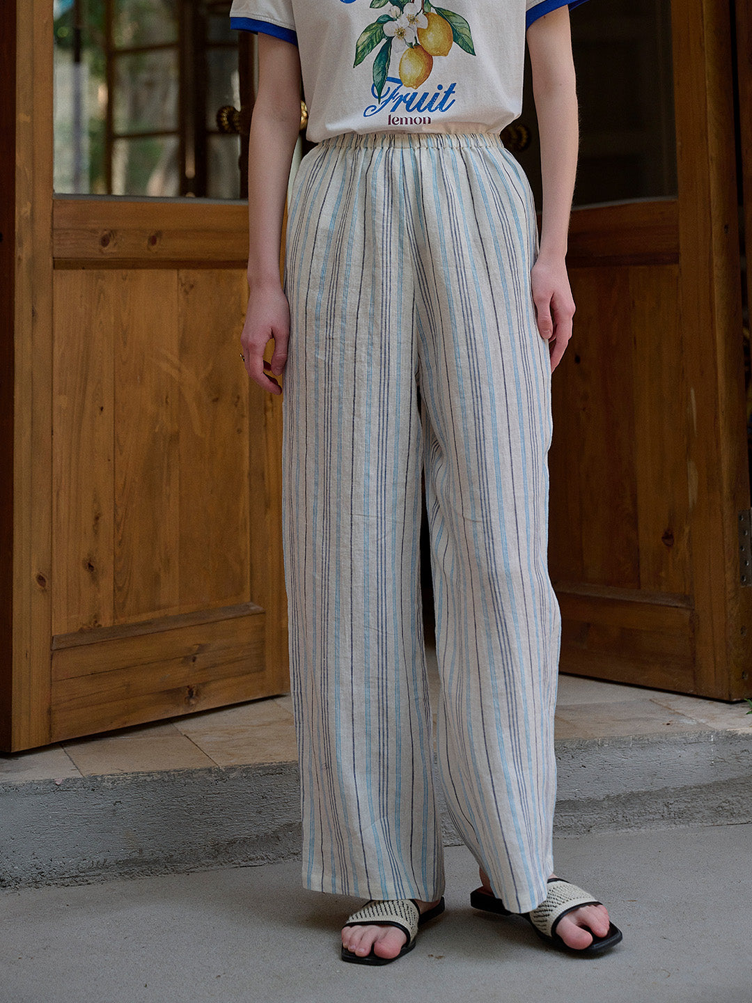 Nayeli Stripes 100% Flax Trousers - Blue