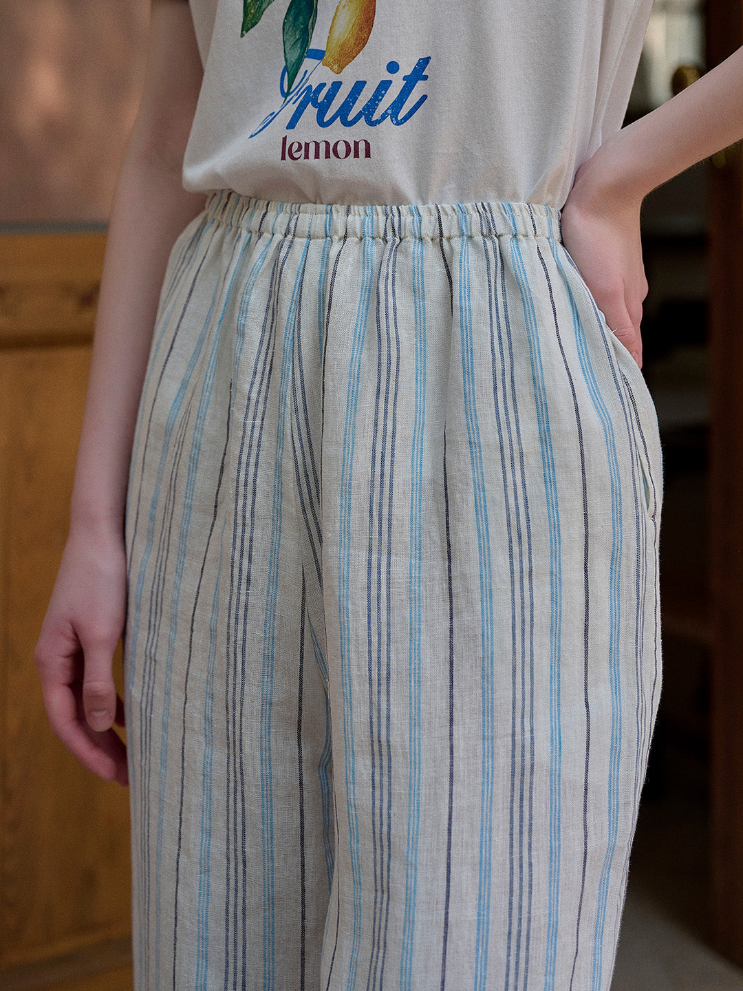 Nayeli Stripes 100% Flax Trousers - Blue