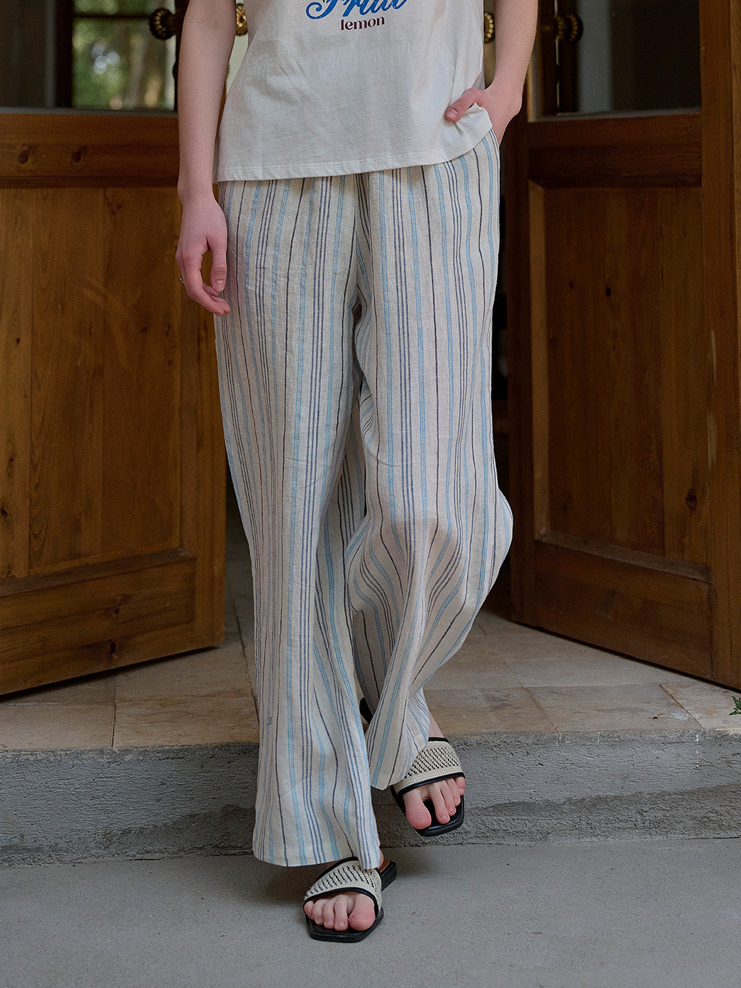 Nayeli Stripes 100% Flax Trousers - Blue