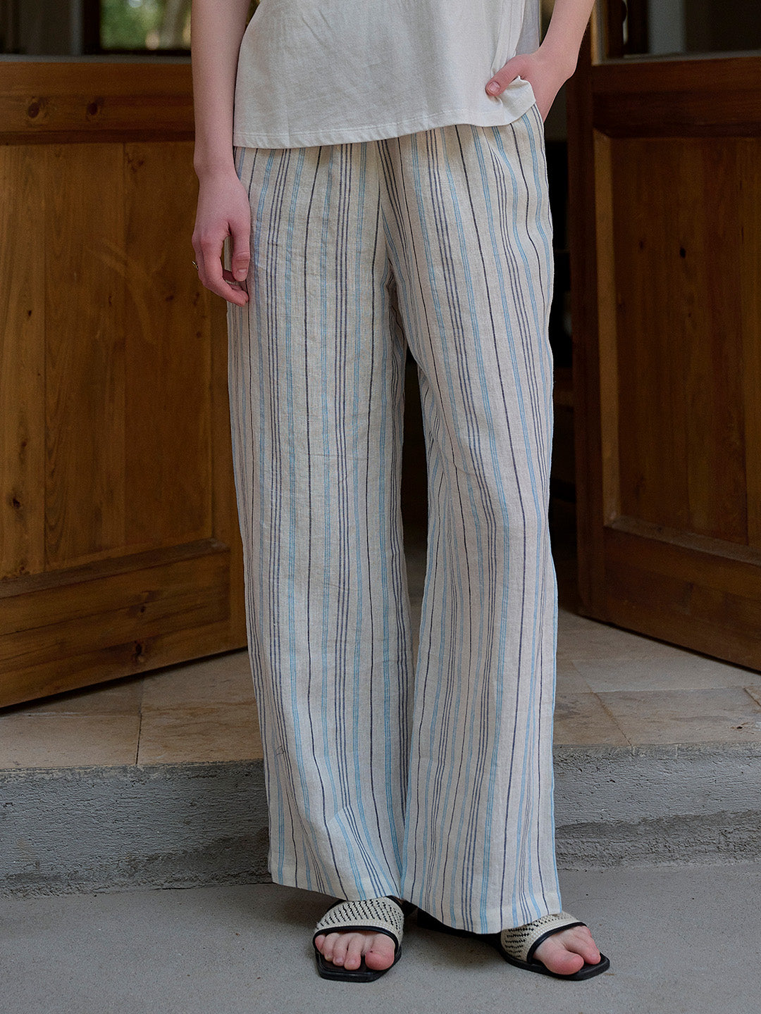 Nayeli Stripes 100% Flax Trousers - Blue