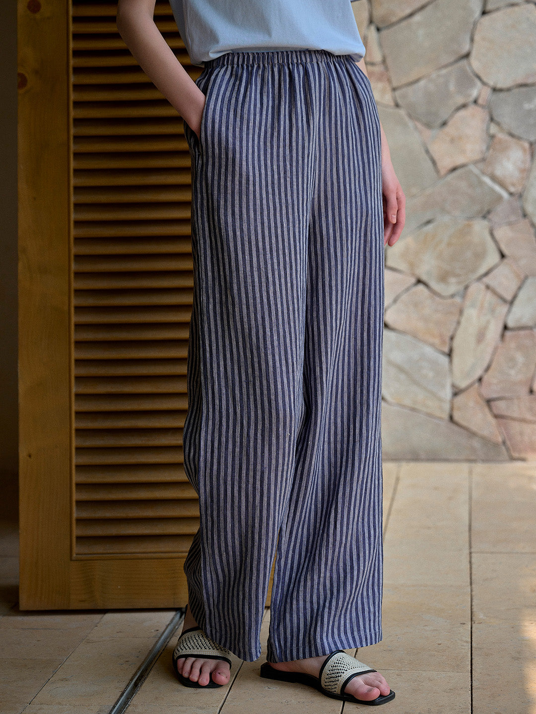 Nayeli Stripes 100% Flax Trousers - Blue