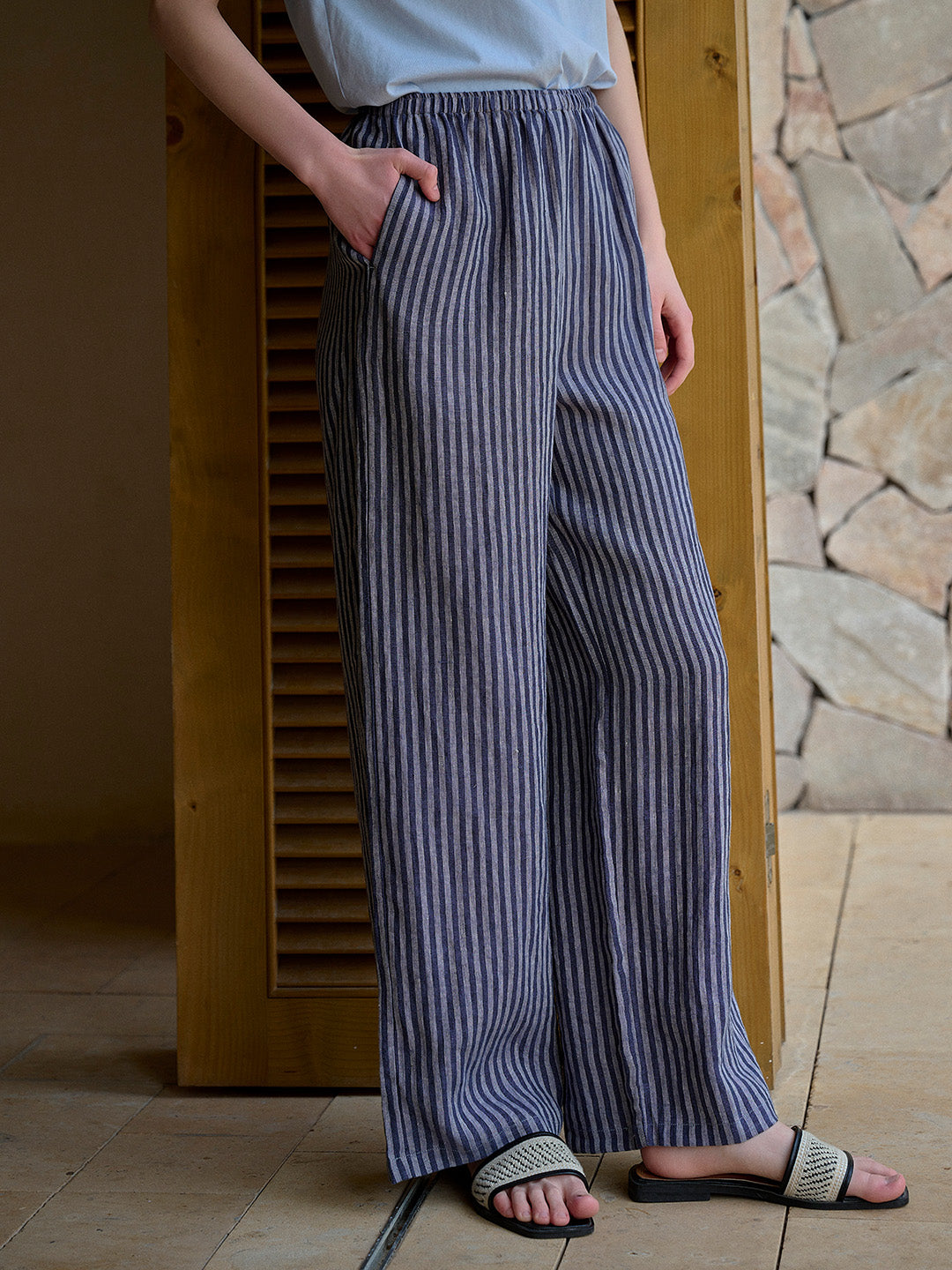 Nayeli Stripes 100% Flax Trousers - Blue