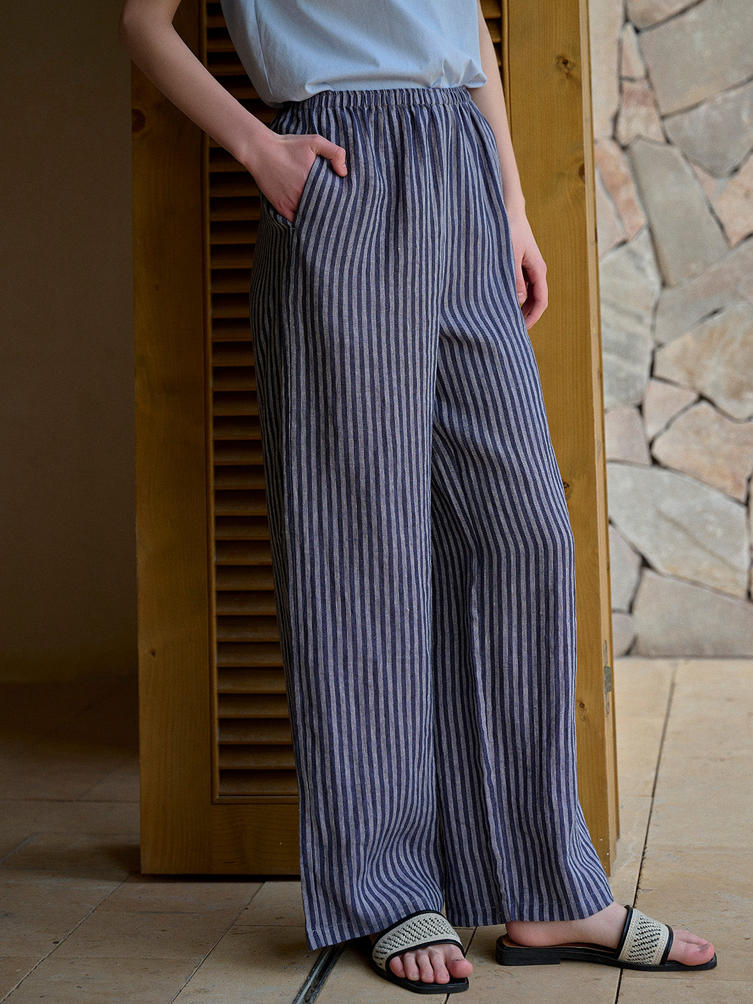 Nayeli Stripes 100% Flax Trousers - Blue