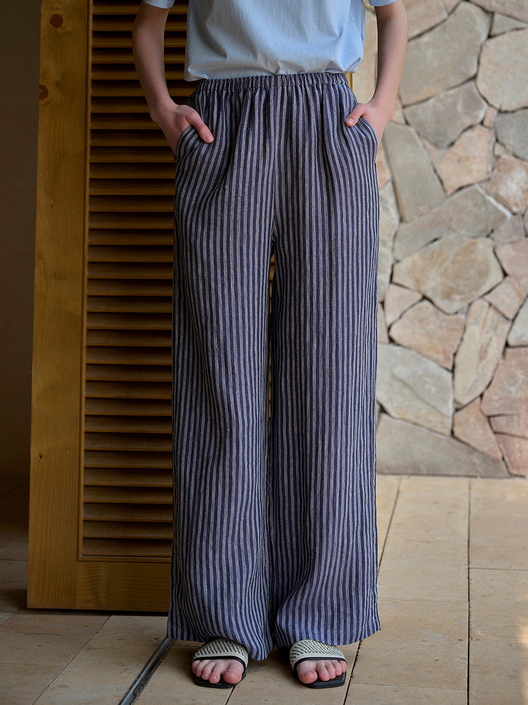 Nayeli Stripes 100% Flax Trousers - Blue