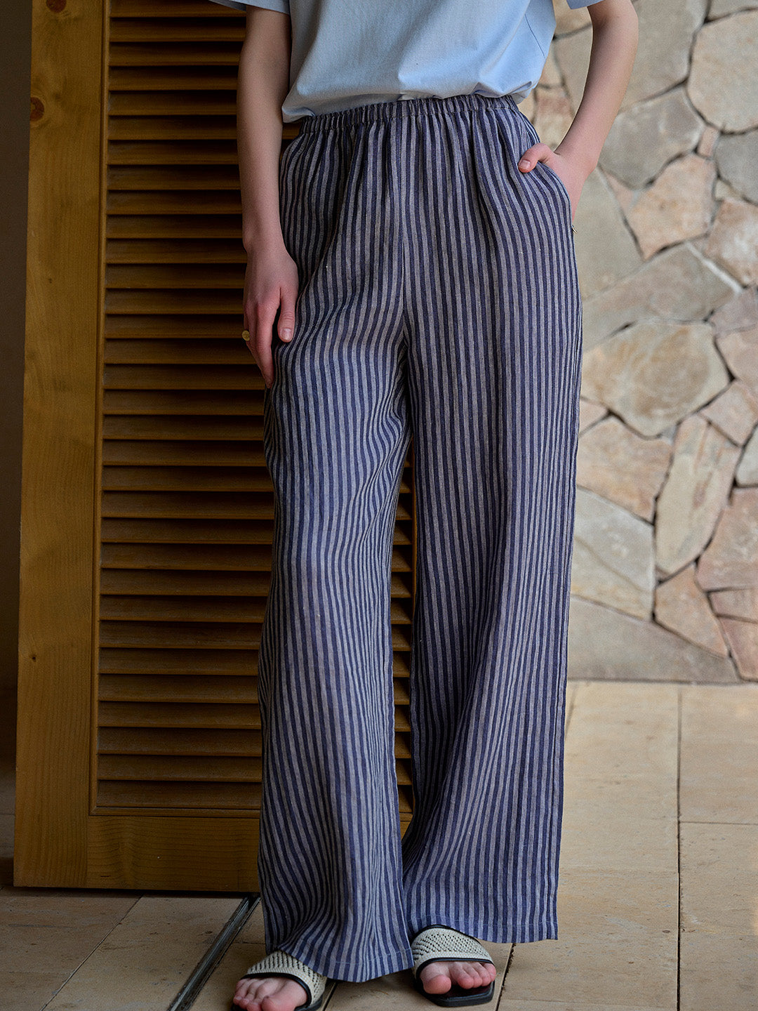 Nayeli Stripes 100% Flax Trousers - Blue