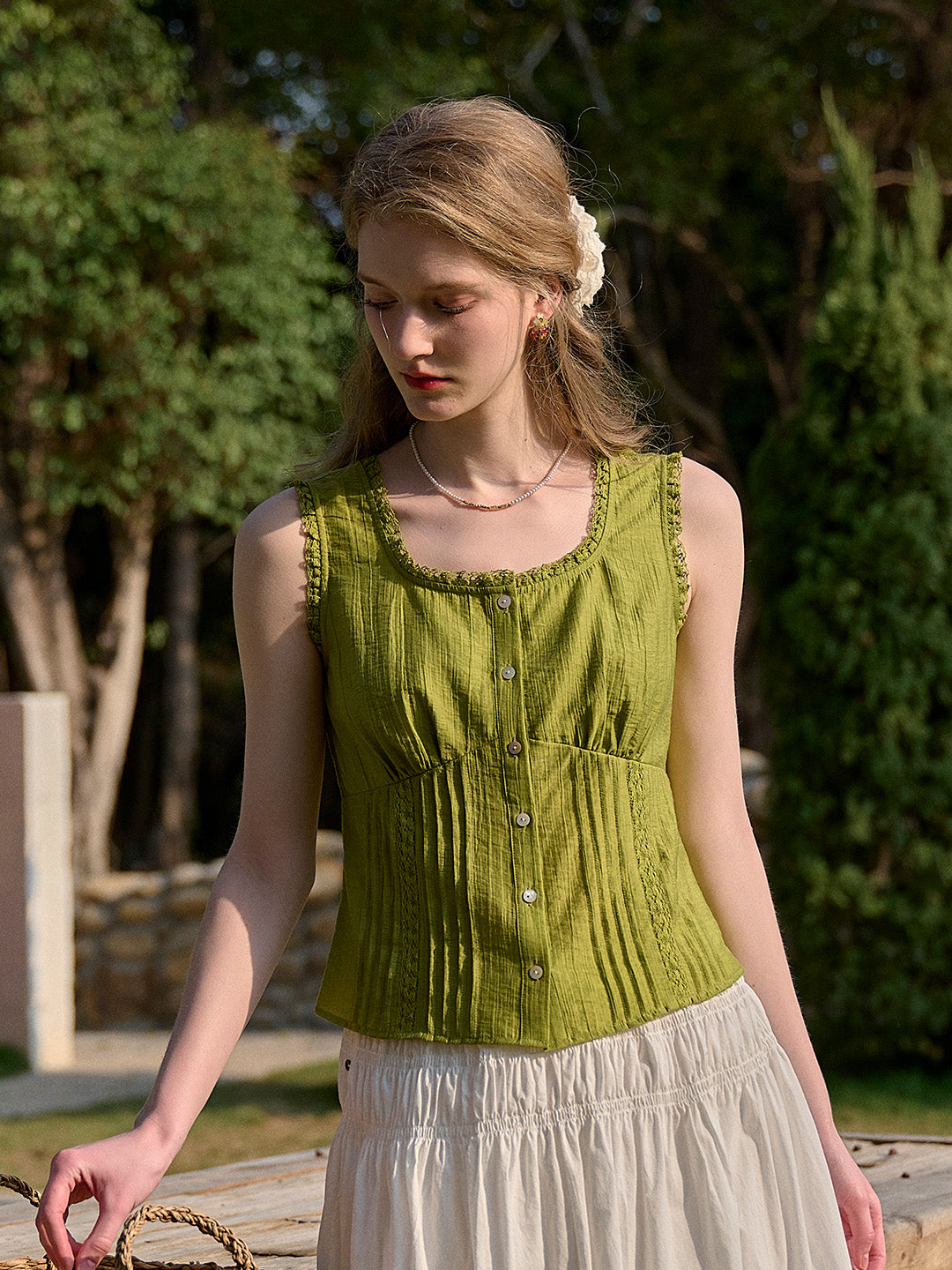 Vivienne Round Neck Waist Lace Lyocell Top