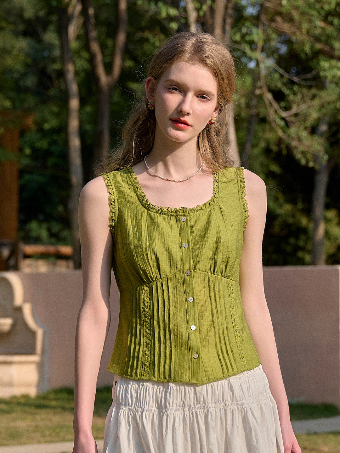 Vivienne Round Neck Waist Lace Lyocell Top