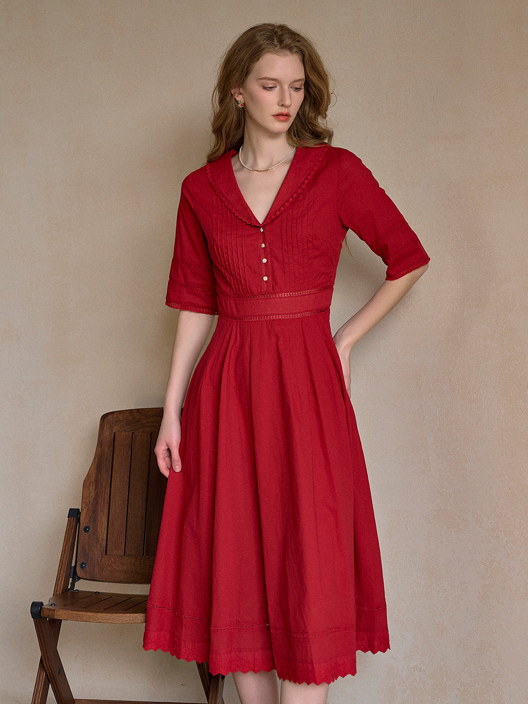Fiona 100% Cotton Red Midi Dress