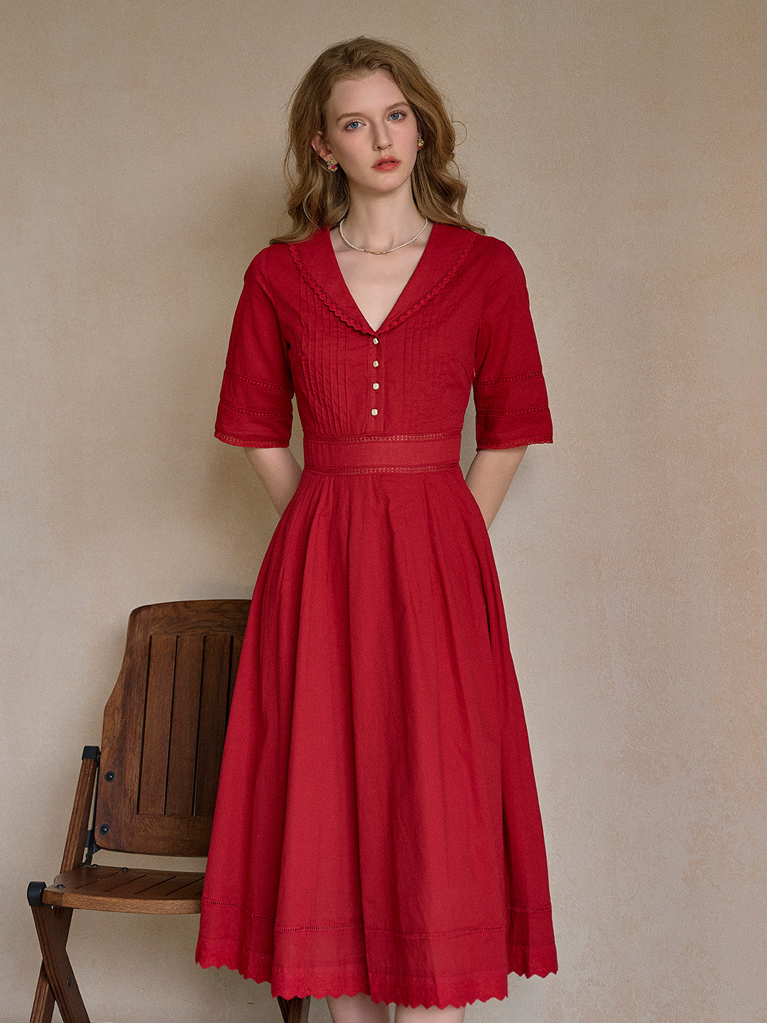 Fiona 100% Cotton Red Midi Dress