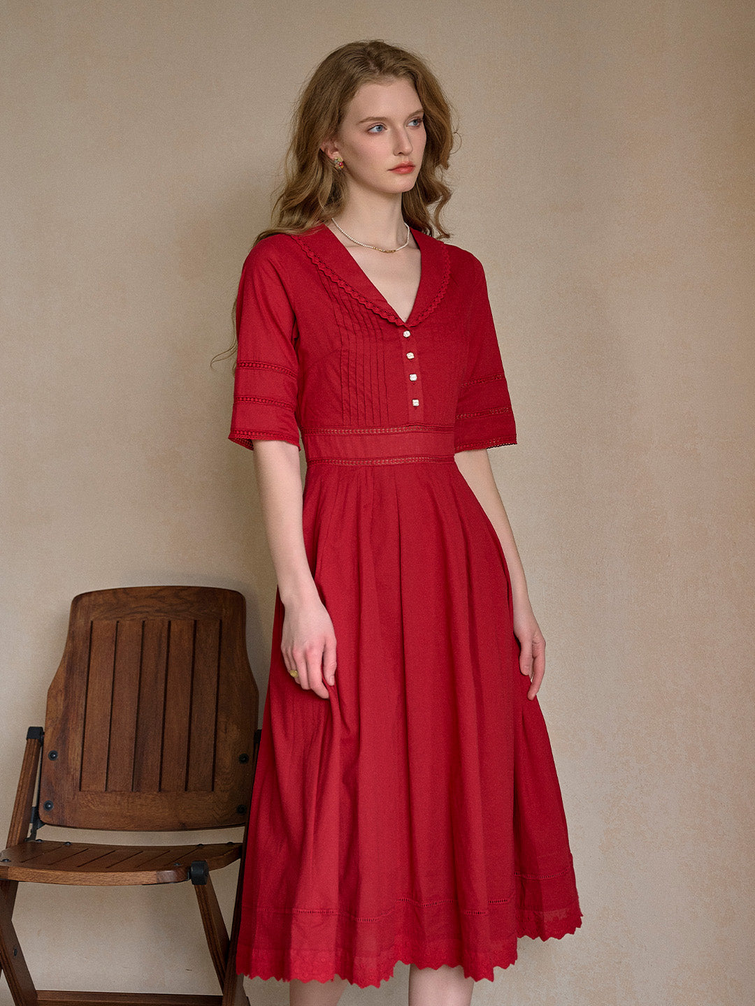 Fiona 100% Cotton Red Midi Dress