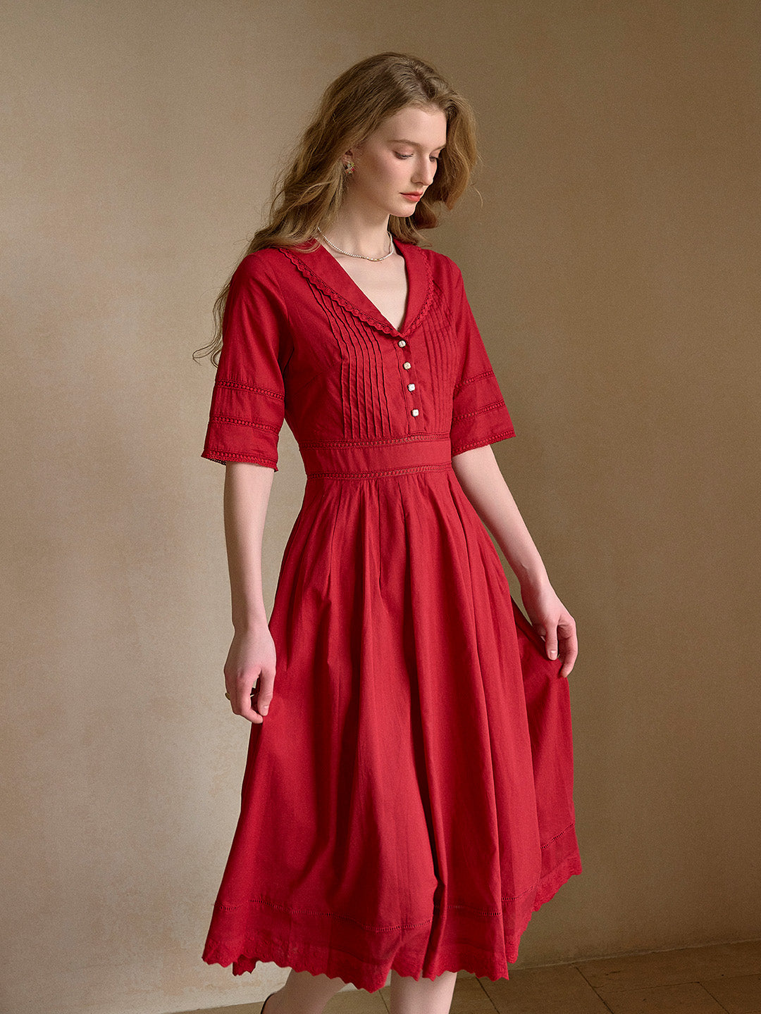 Fiona V-Neck White Midi Victorian Dress