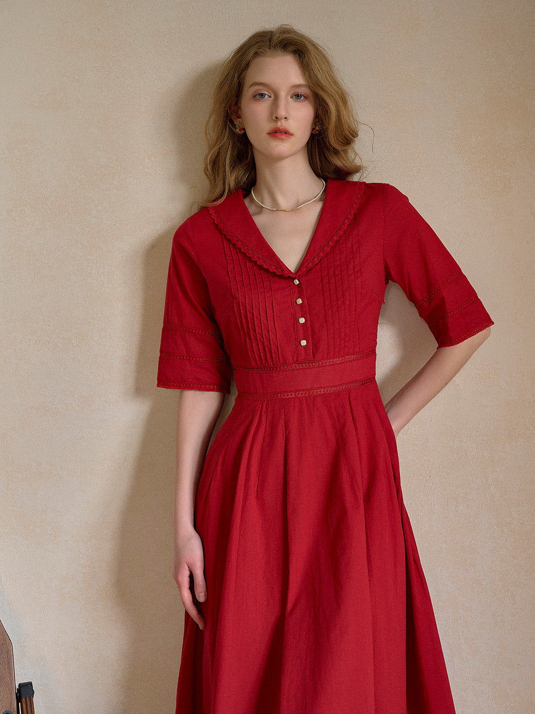 Fiona 100% Cotton Red Midi Dress