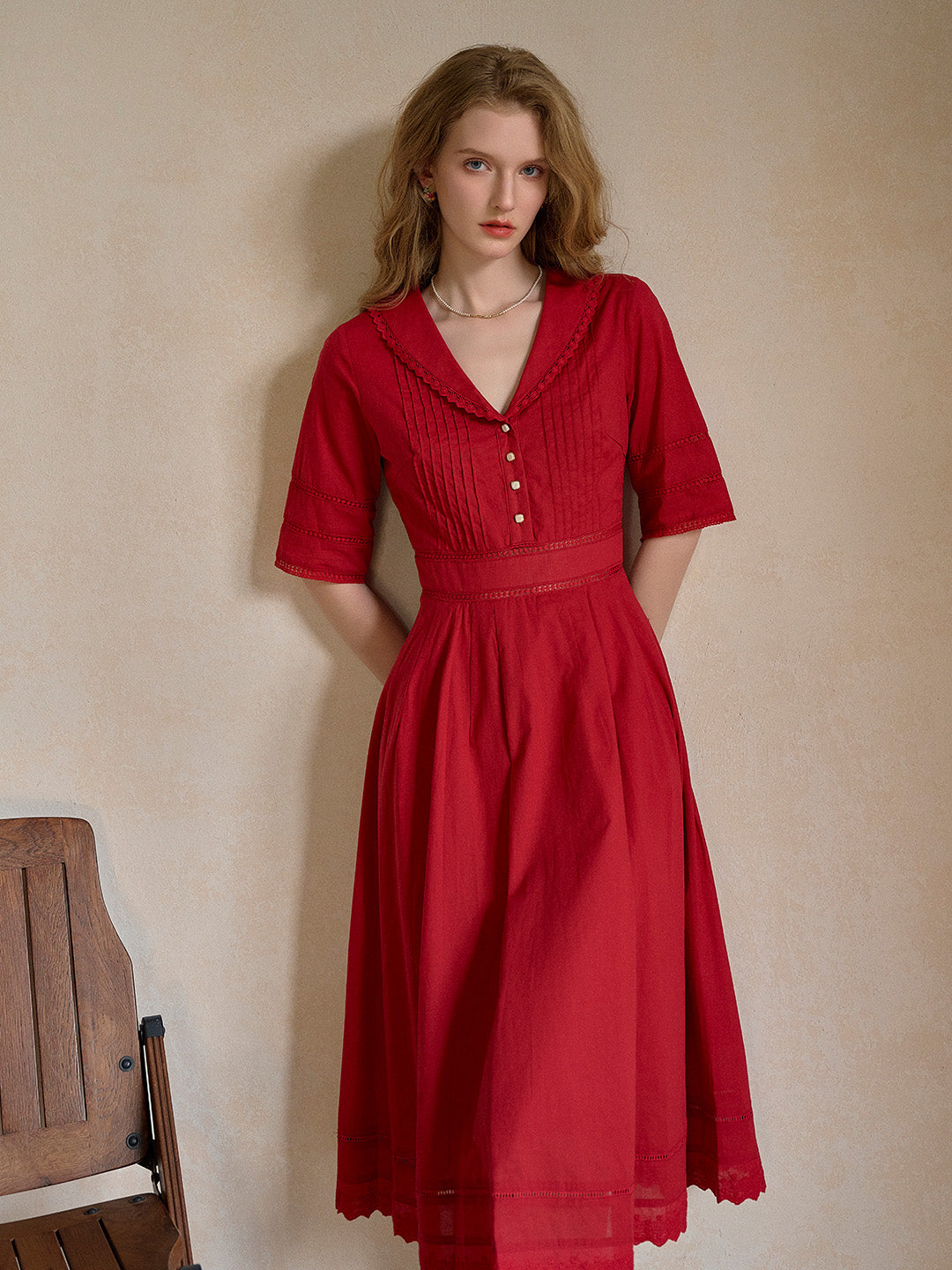 Fiona 100% Cotton Red Midi Dress