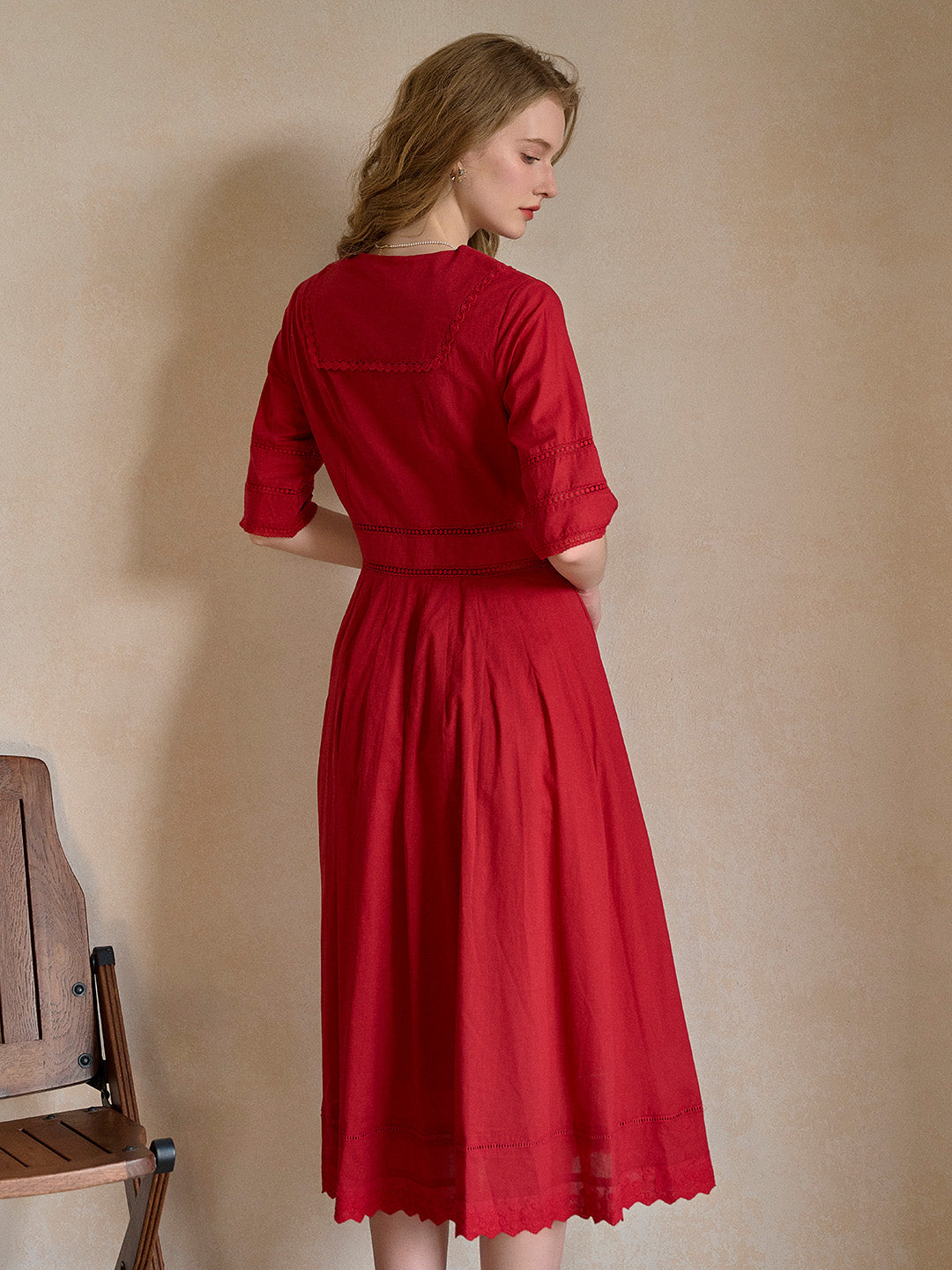 Fiona 100% Cotton Red Midi Dress