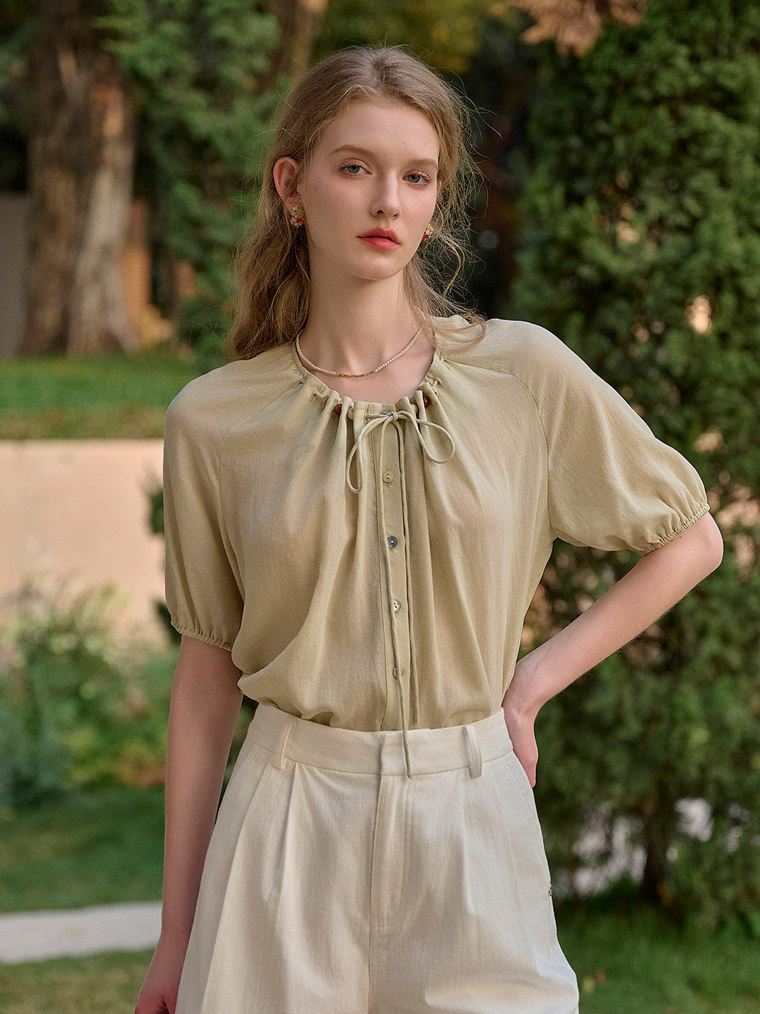 【Final Sale】Madison Round Neck Tie Skin-Friendly Blouse