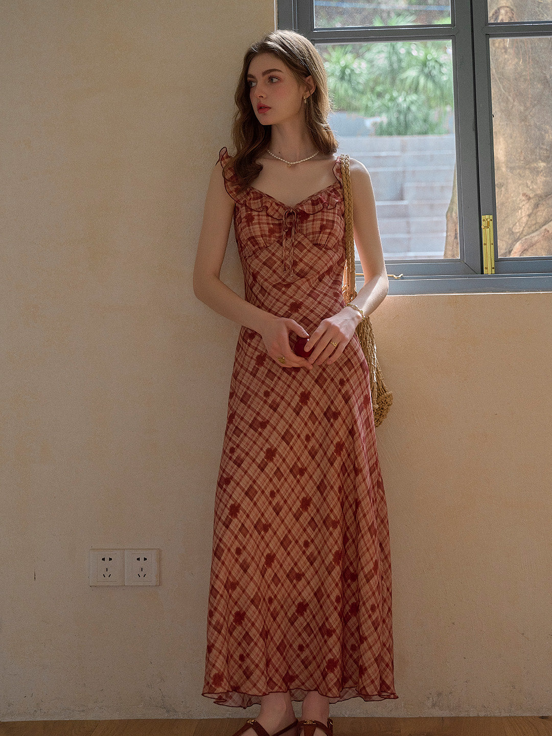 Lennon V-Neck Plaid Ruffle Sleeve Viscose Dress