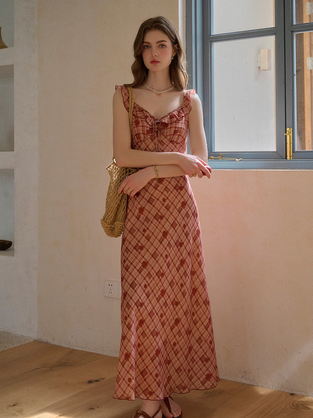 Lennon V-Neck Plaid Ruffle Sleeve Viscose Dress
