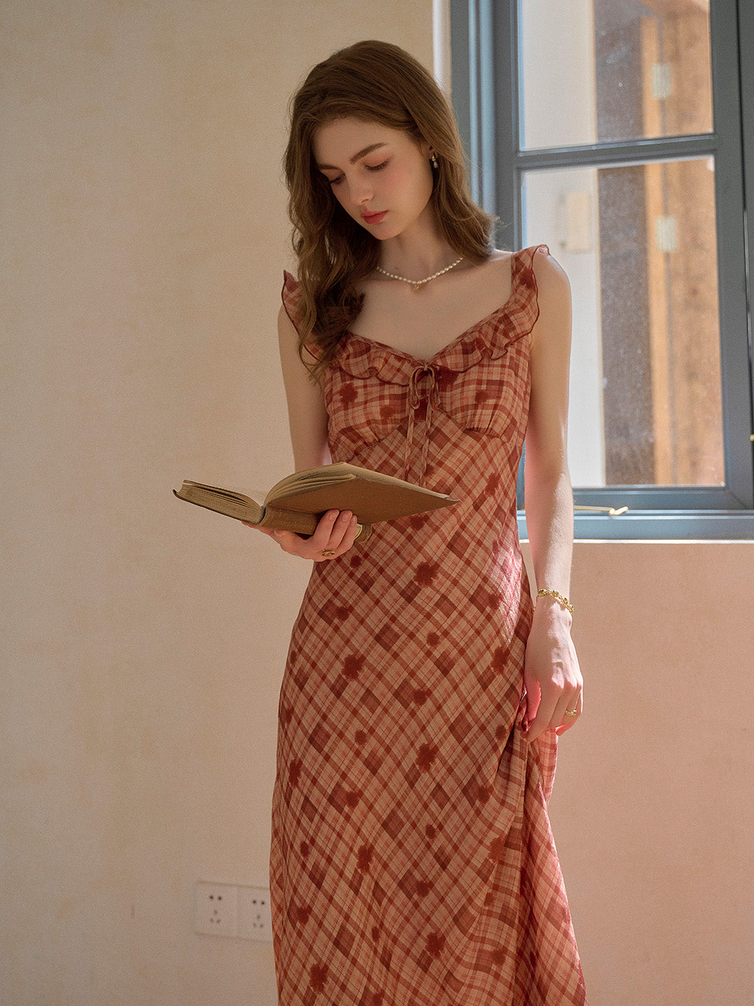 Lennon V-Neck Plaid Ruffle Sleeve Viscose Dress
