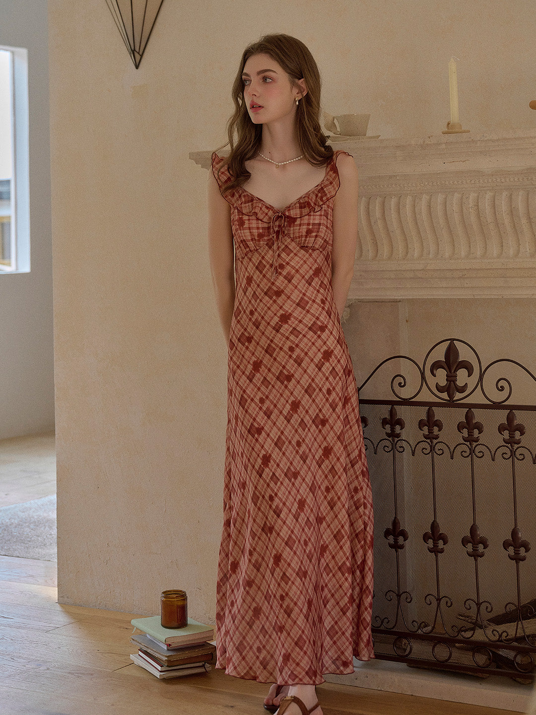 Lennon V-Neck Plaid Ruffle Sleeve Viscose Dress