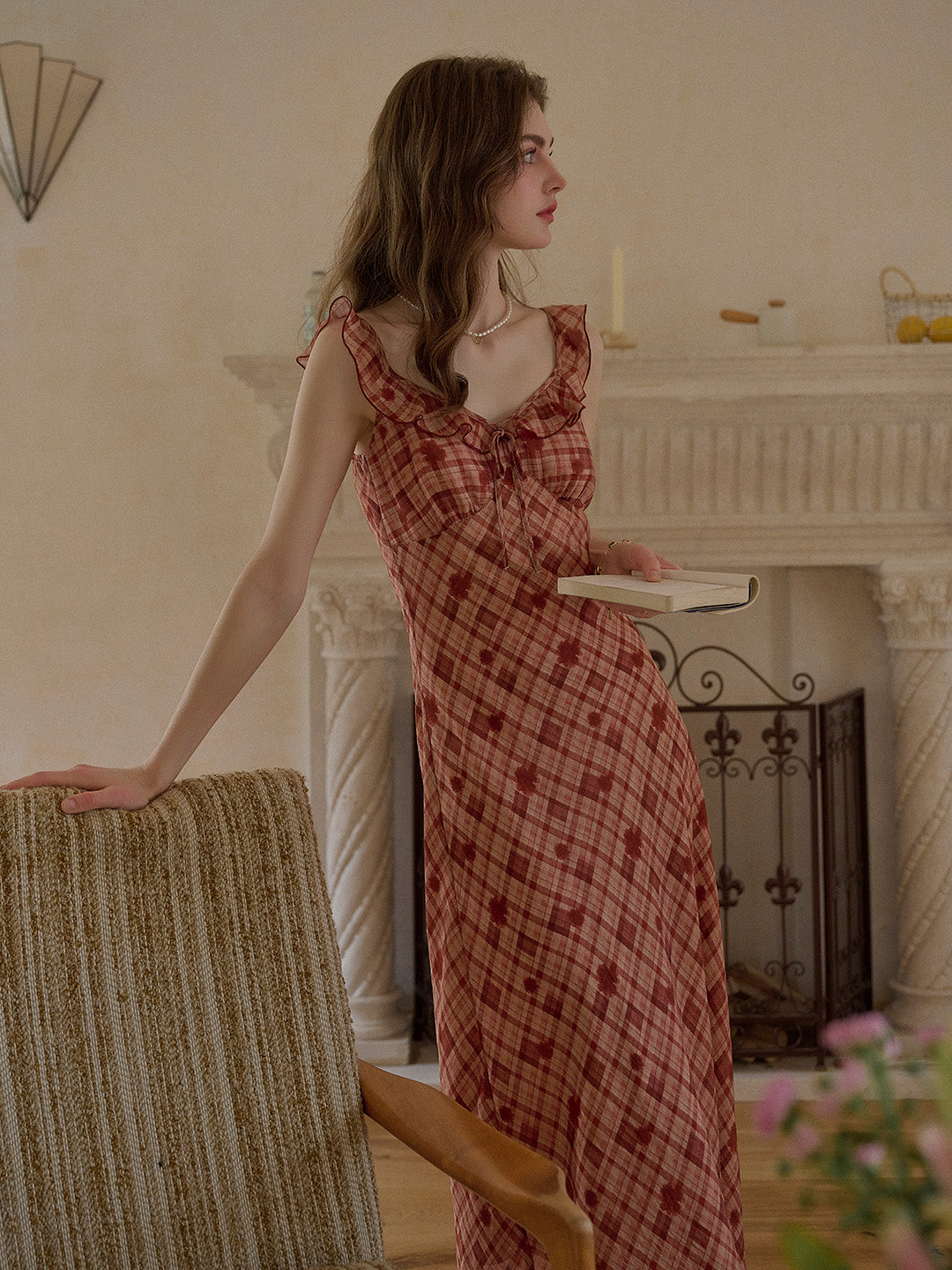 Lennon V-Neck Plaid Ruffle Sleeve Viscose Dress