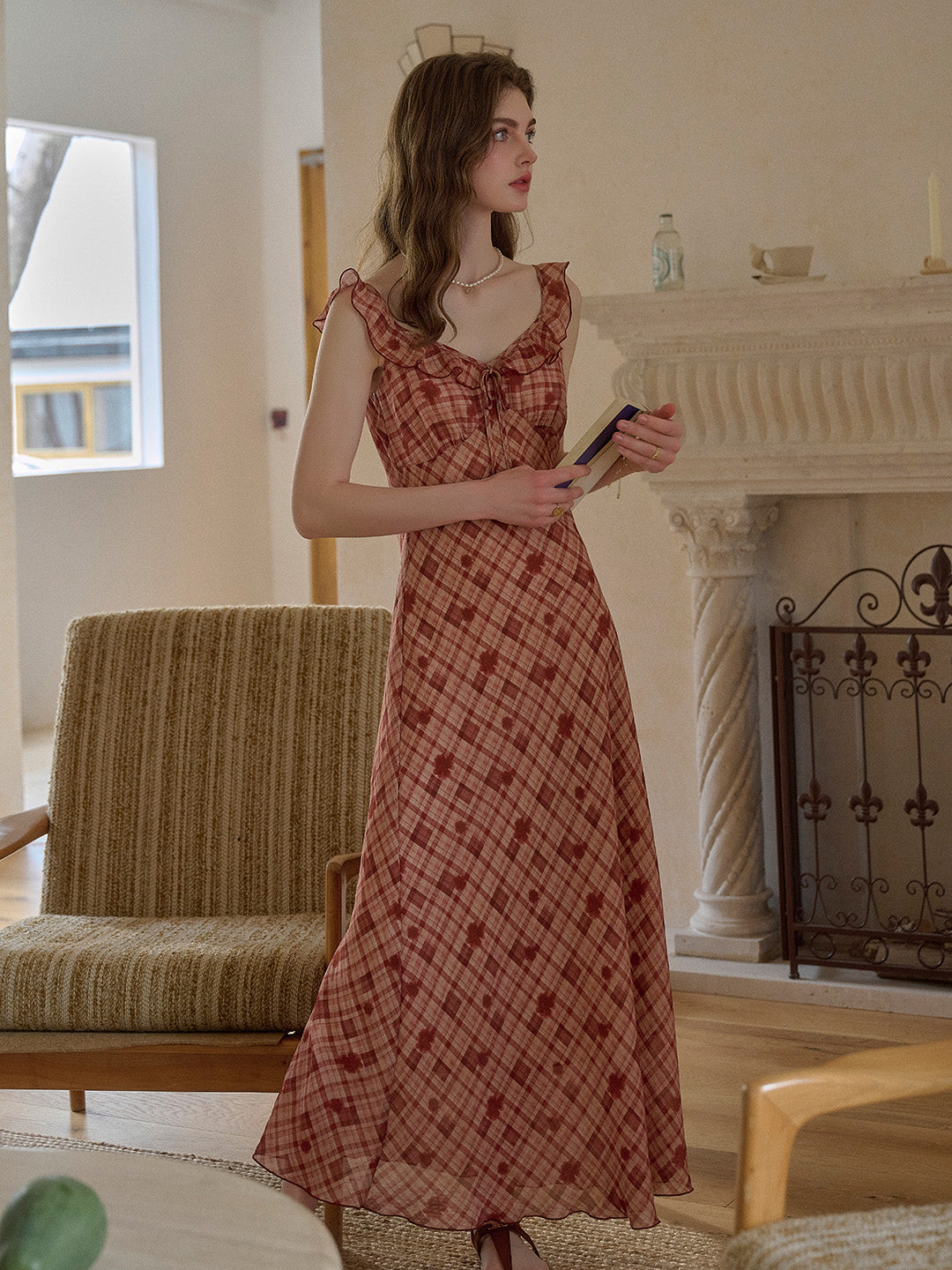 Lennon V-Neck Plaid Ruffle Sleeve Viscose Dress