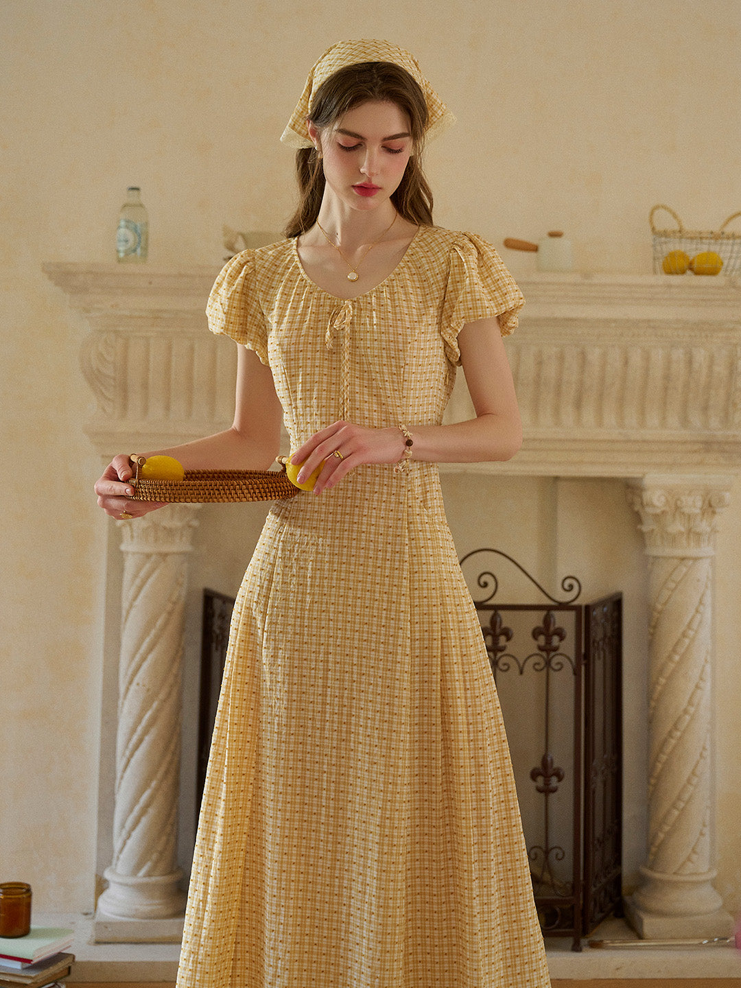 Willow Round Neck Plaid Puff Sleeve Viscose Dress - Green