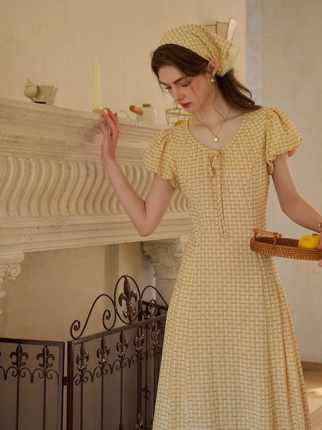 Willow Round Neck Plaid Puff Sleeve Viscose Dress - Yellow