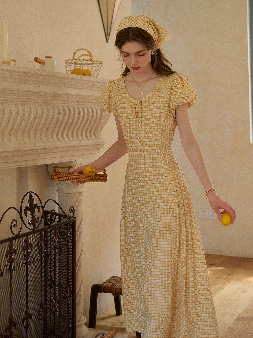 Willow Round Neck Plaid Puff Sleeve Viscose Dress - Yellow