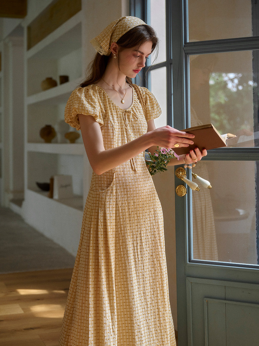 Willow Round Neck Plaid Puff Sleeve Viscose Dress - Yellow