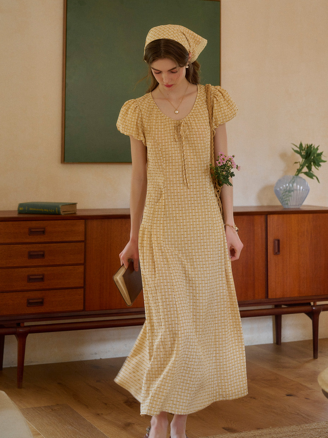 Willow Round Neck Plaid Puff Sleeve Viscose Dress - Yellow